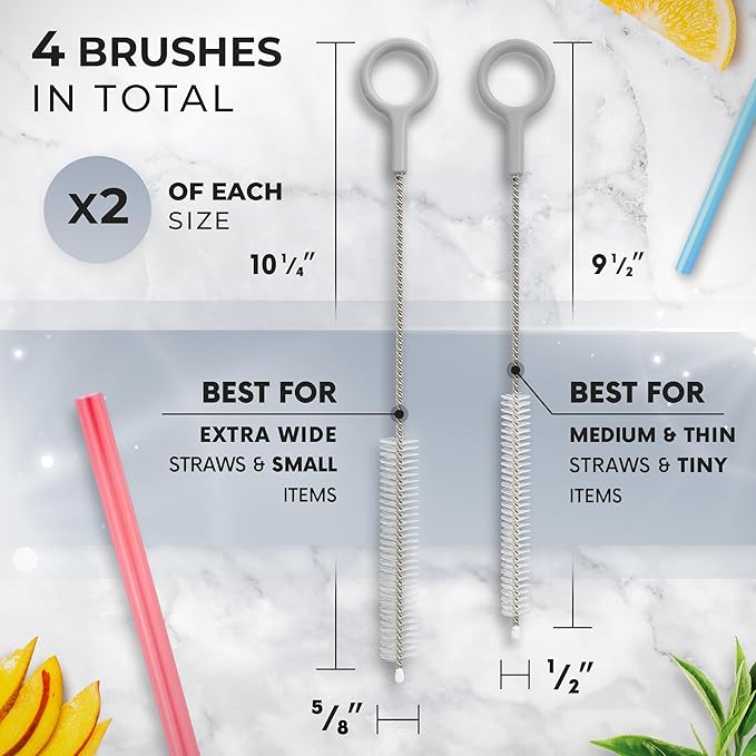 Buenalife Heavy Duty Cleaning Brushes Set of 4 - Extra Long Straw Cleaners for Metal and Plastic Reusable Drinking Straws, to Clean Small Spaces, Sippy Cups, Water Bottles - Sturdy Hard Brush Bristles