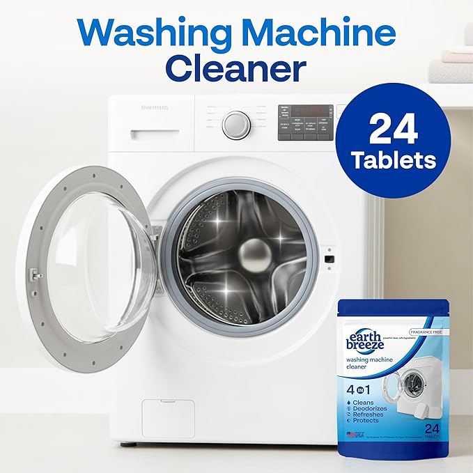 Earth Breeze Washing Machine Cleaner Tablets – Deep Cleans, Deodorizes & Removes Odors, Residue & Buildup – For Front Load, Top Load & HE Washers – Fragrance-Free - No Harsh Chemicals - Made in USA