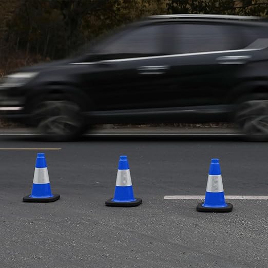 Fluorescent Orange/Green PVC Traffic Cones, Heavy Black Base Parking Lot Cone Structurally Stable Weatherproof Road Construction Safety Cones (4, Blue, 12" Small)