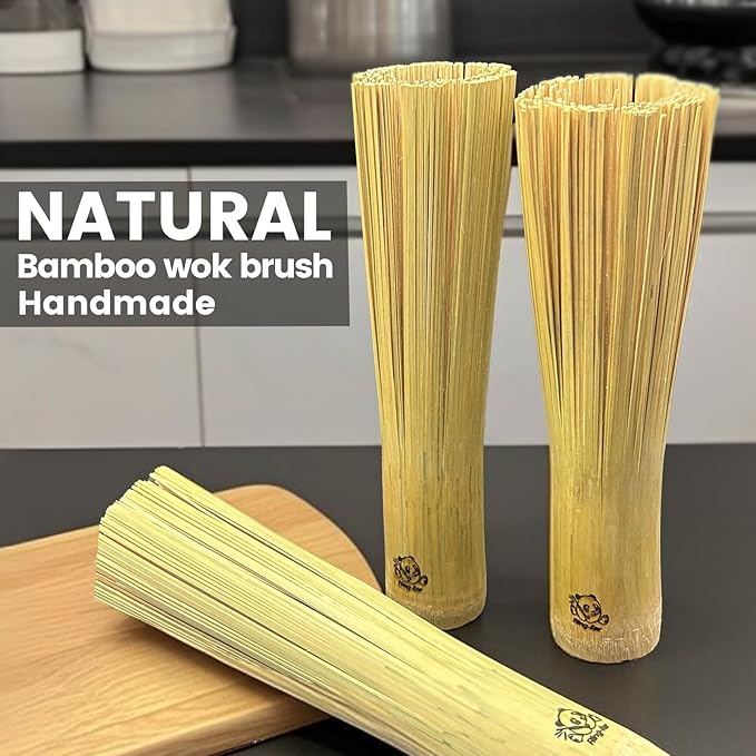 Ring-far Bamboo Wok Brush 2 Pack – Handmade Natural Scrubbers for Carbon Steel & Cast Iron, 100% Bamboo, No Metal, Eco-Friendly Kitchen Cleaning Brushes for Woks, Pans, Dishes, Teapots(for All Pots)