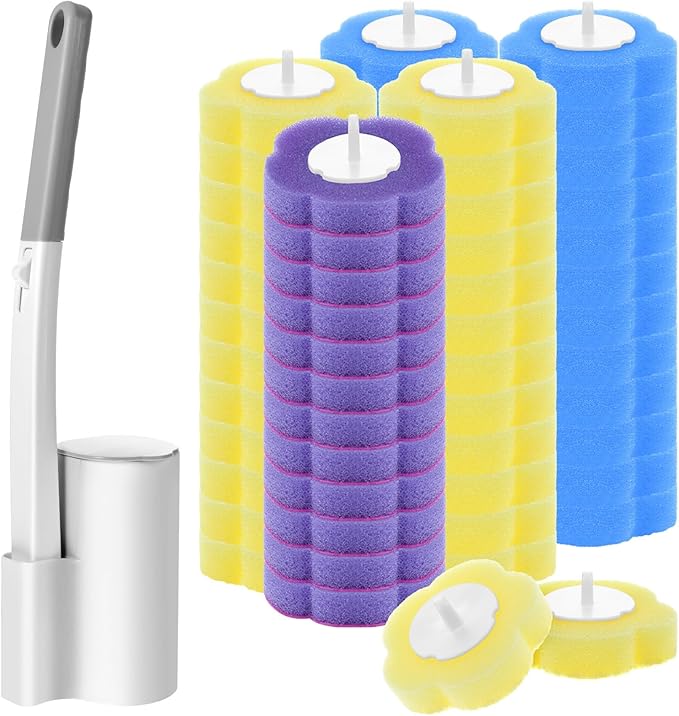 Disposable Toilet Brush Cleaning System with 60pcs Refills Pads Replacement Heads, Toilet Cleaning Stick, Wall Mounted Toliet Wand Kit Bathroom Maintenance, Toilet Bowl Cleaner Wands Holder and Set