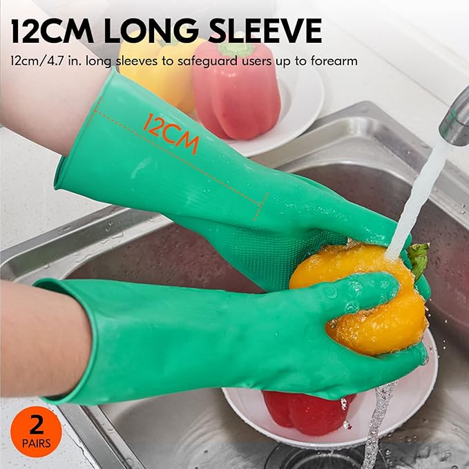 Vgo... 2-Pairs Reusable Household Gloves, Rubber Dishwashing gloves, Extra Thickness, Long Sleeves, Kitchen Cleaning, Working, Painting, Gardening, Pet Care (Size L, Green, HH4601)