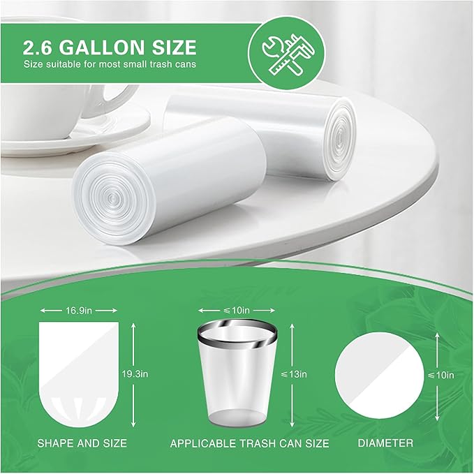Small Trash Bags 2.6 Gallon-108 Count Leakage-Proof Strong, Small Mini Garbage Bags for Bathroom, Bedroom, Office, White Small Trash Can Liners