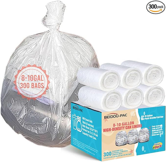 BEIDOU-PAC Trash Bags 8-10 Gallon, 300 Count Bulk, Clear Plastic Recycling Bags, Multi-purpose Garbage Bags Can Liners for Business Home Kitchen Commercial and Industrial