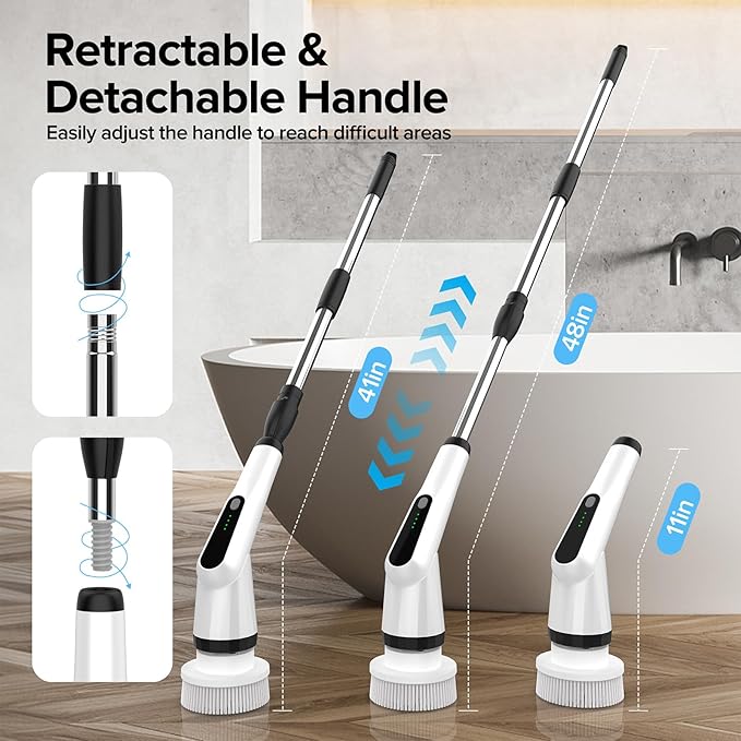 Electric Scrubber Brush, IPX7 Electric Scrubber for Shower, Electric Cleaning Brush Scrubber with 7 Replaceable Brush Heads & Retractable Handle, 2-Speed Adjustable Spin Cleaning Brush