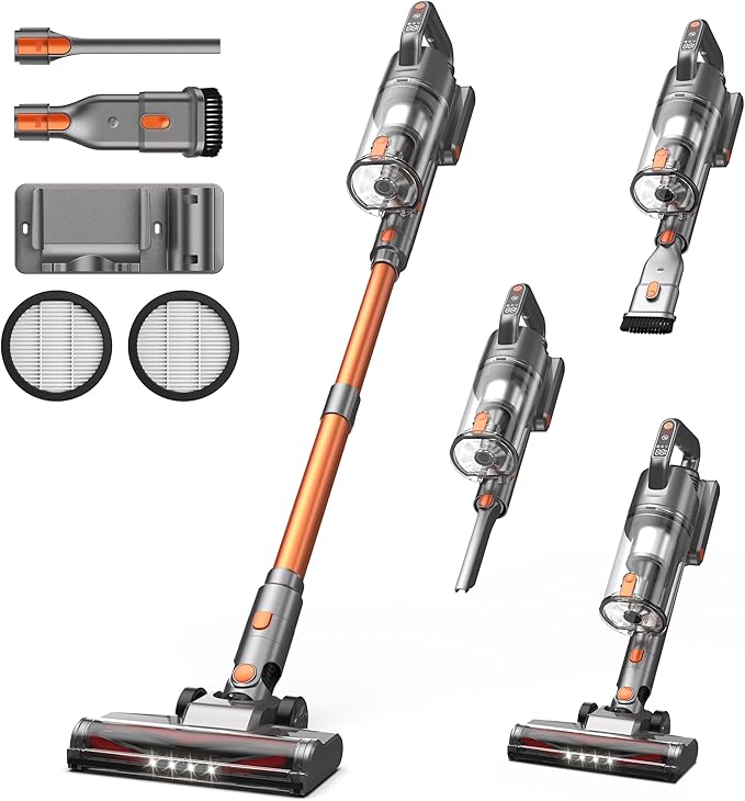 Cordless Vacuum Cleaners for Home, 600W 50KPA 55Mins Self-Standing Stick Vacuum with LED Display, Anti-Tangle, Wall Mount, Lightweight, Rechargeable Wireless Vacumm for Pet Hair, Carpet and Floor