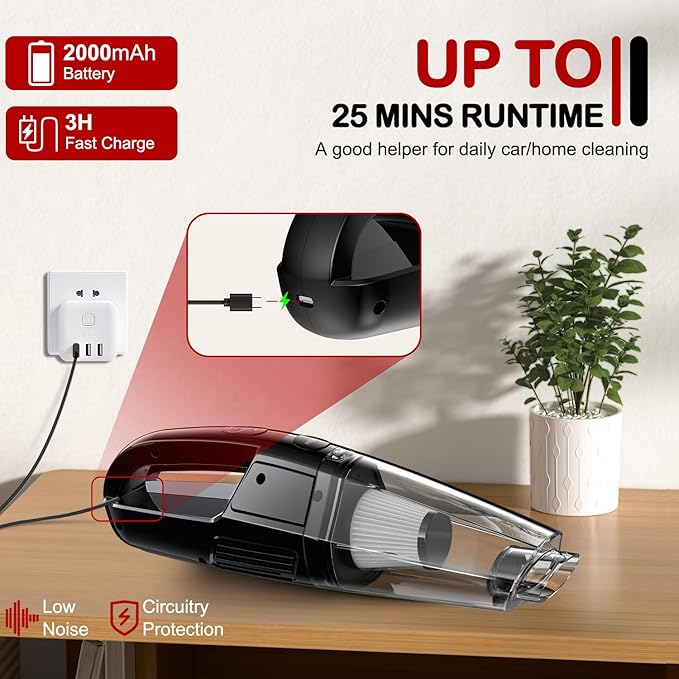 BSRCO Handheld Vacuum Cordless, 30 Mins Runtime & Under 70dB Quiet, 8000Pa Strong Suction, 1.65Lbs Ultra Light, 3-in-1 with HEPA Filter, USB-C for Car, Pet Hair, Home
