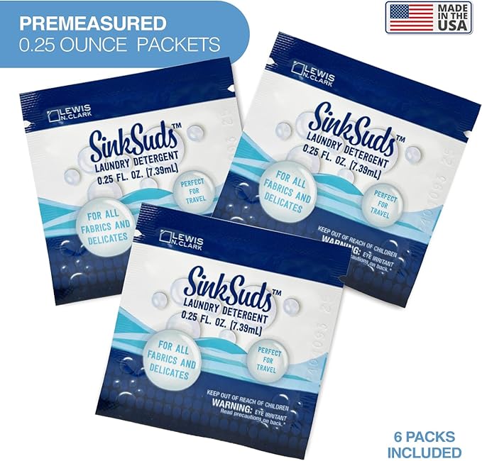 SinkSuds Laundry Detergent Travel Size Liquid Soap TSA Compliant Safe for All Fabrics 6 Packets & 1 Sink Stopper