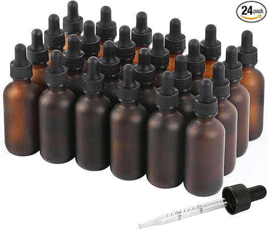 24 Pack, 2oz Glass Dropper Bottle, Preety Texture Tincture Bottles with Precise Scales Eye Droppe, for All Kinds Of Mixed Liquids,Leak-Proof Design for Easy Travel (Amber Frosted)