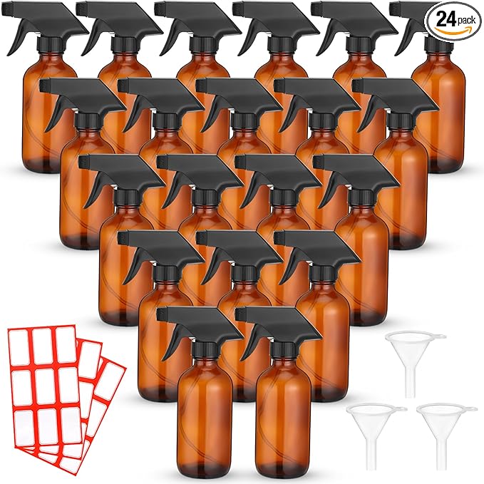 Norme 24 Pcs Glass Spray Bottles with Funnels and Labels 8 oz Refillable Cosmetic Empty Spray Containers with Trigger Squirt Containers for Essential Oil Cleaning Solutions(Brown)