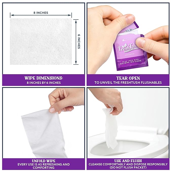 Venture Wipes FreshTush Flushables Unscented - Premium Quality Personal Cleansing Wipes - Gentle on Sensitive Skin - Hygienic & Portable - Ideal for On-The-Go and Daily Use - 30 Count