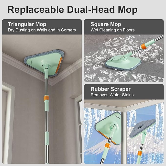 HoMettler Mop and Bucket Set | Spin Mop with Dual-Tank Clean/Dirty Water Separation | 6 Microfiber Pads for Deep-Cleaning Floors | Versatile Mops Triangular Head for Walls