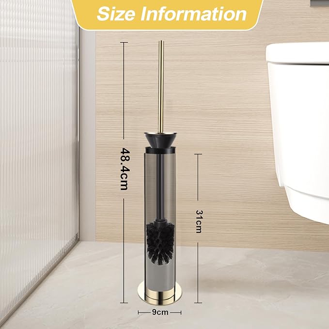 BGL Toilet Brush and Holder Set, Heavy Duty 304 Stainless Steel, Round Base and Long Handle for Bathroom Deep Cleaning, Drip-Proof, Space Saving for Storag, Polished Gold