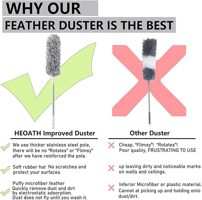 HEOATH Microfiber Feather Duster with Extendable Pole, 30-100 inches Extra Long Cobweb Duster for Cleaning, Bendable Head, Non-Scratch, Washable Duster for Ceiling, Fan, Furniture Gray