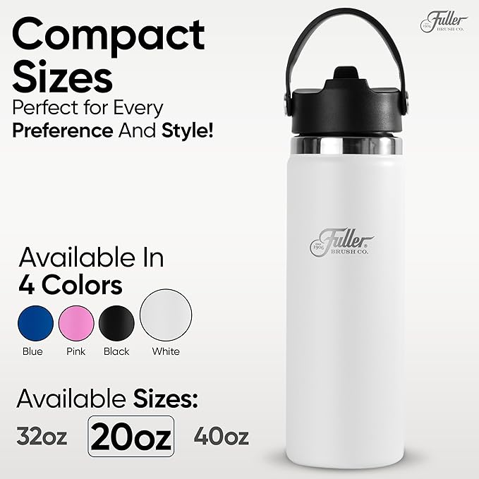 Fuller Stainless Steel Water Bottle with Straw Lid – BPA-Free, Sweat-Proof, Leak-Proof Travel Mug – Double Wall Insulated for Hot & Cold Drinks – Carry Handle (White, 20 Oz.)