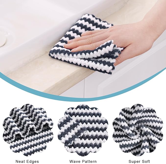 Homaxy 12 Pack Kitchen Dish Cloths, Ultra Soft and Absorbent Dish Towels, Reusable Fast Drying Microfiber Cleaning Cloth, Coral Velvet Wave Design No-lint, 10 x 10 inches, Dark Grey