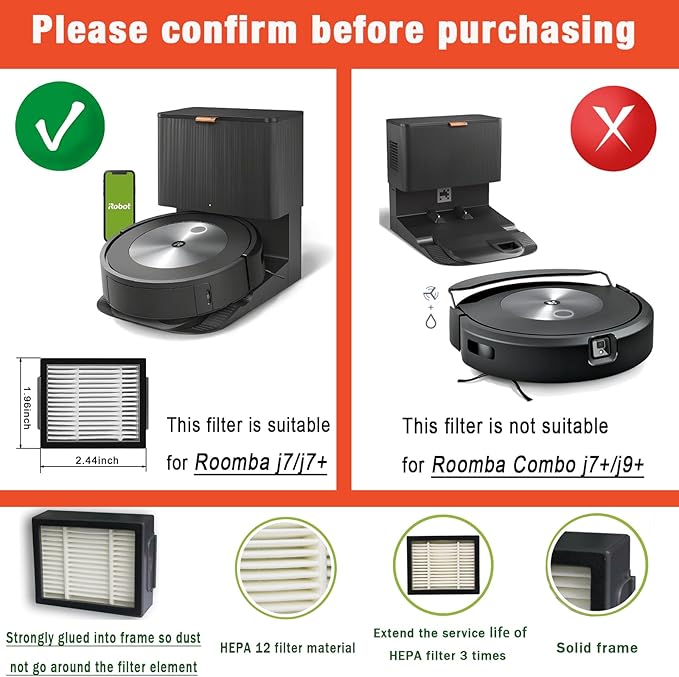 E-HAO Vacuum Replacement Parts for iRobot Roomba Combo i3, i3+, i5, i5+, i8, i8+, j5, j5+ models, 1 set Rubber Roller, 3 Reusable Mopping Pads, 3 HEPA Filters and 3 Edge-Sweeping Brushes