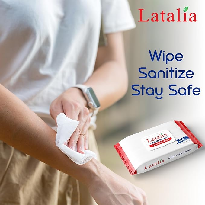 Latalia Hand Wipes Pack of 20 | 80% Alcohol Hand Sanitizer Wipes for Hands & Face Moisturizing, Gentle, Convenient and Fragrance Free (40 Counts)