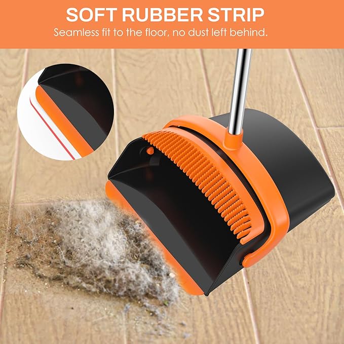 EZKEY Broom and Dustpan Set for Home, 51-in Long Adjustable Handle Angle Broom and Dustpan Combo Set with Dust Pan Teeth to Clean Hair for Home Kitchen Office Lobby Floor Garden, Black Orange