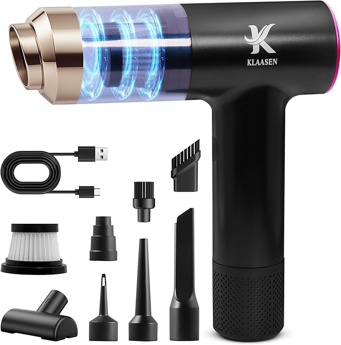 Klaasen Handheld Car Vacuum Cleaner, Dual Suction 7.5K & 12k Pa, Portable Mini | Blower, Inflator, Deflator and Dustbuster for Car, Home, Kitchen & Office | Black Color