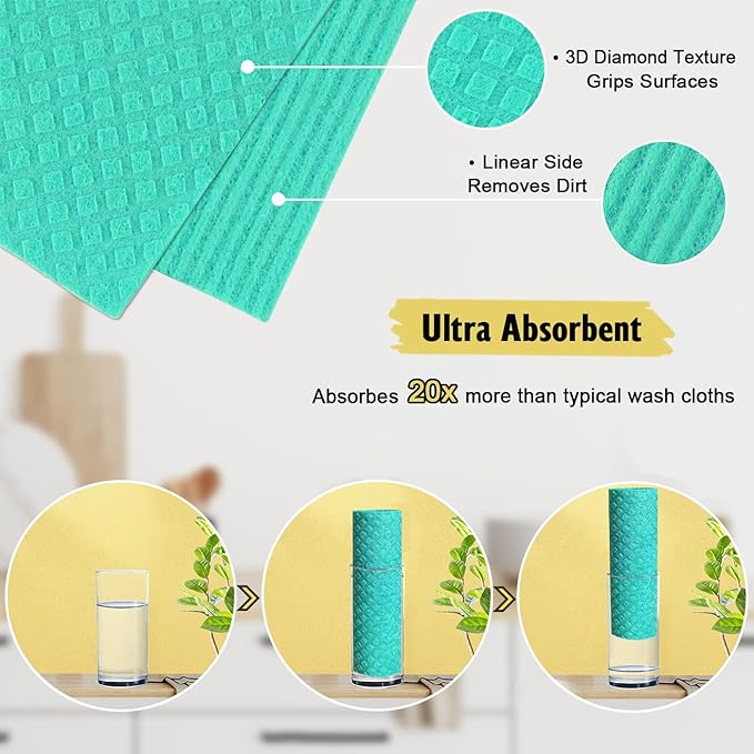 Swedish Dishcloths - 10 Pack Reusable Kitchen Dishcloths - Ultra Absorbent Dish Towels for Washing Dishes - Cellulose Sponge Cloth Cleaning Cloths - Green