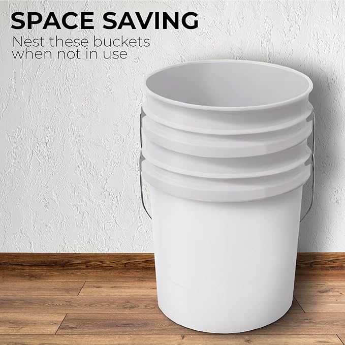 6.5-Gallon White Bucket Pail Container with Lid | Food Grade | Heavy-Duty 90MIL Extra Durable | Metal Handles with Plastic Grip for Easy Carrying | Multi-Use | Easy Stack and Store | BPA Free - 3 Pack