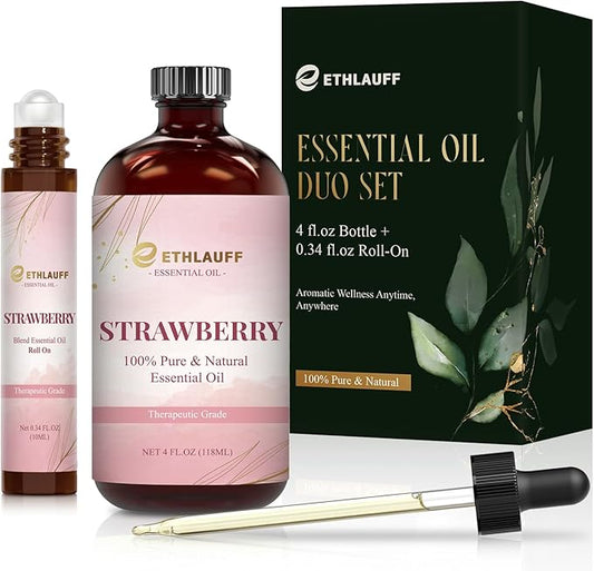 Strawberry Essential Oil (4 fl.oz Bottle + 0.34 fl.oz Roll-On) — Strawberry Oils for Aromatherapy, Diffusers, Humidifiers, Home fragrances, DIY Skincare, Candle, Soap Making, Relaxation, Yoga