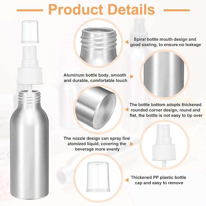 HARFINGTON Aluminum Fine Mist Spray Bottles 100ml/3.4oz Metal Small Liquid Alcohol Refillable Travel Container with White Plastic Nozzle Cap for Perfume Skincare Cosmetic Storage Bottle