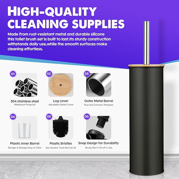 ODJSY Compact Toilet Brush and Holder 2 Pack,SetStainless Steel Handle Toilet Brush,Deep Cleaning,Durable Nylon bristles,Splash-Proof Design(White&Black)