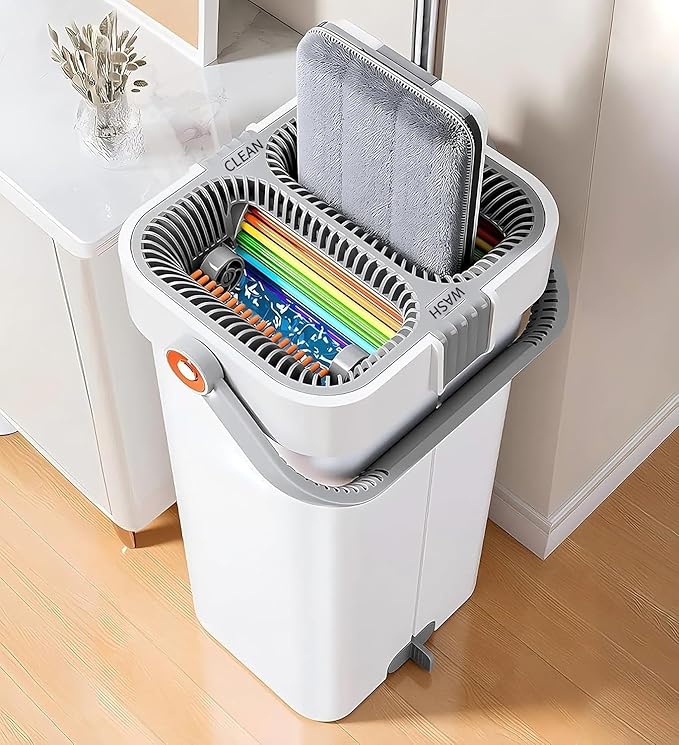 CTIME Large Mop and Bucket Set, 7-Layer Scrapers, Flat Mop and Bucket System, Wall Mop with Adjustable Handle, 7 Washable 15.74" Microfiber Pads