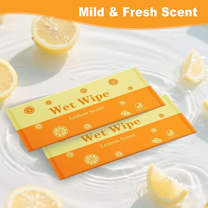 Hand Wipes Travel Size, 300 Pcs Wet Wipes Individually Wrapped for Barbecue, Seafood Boil Party, Restaurant, Lemon Scent