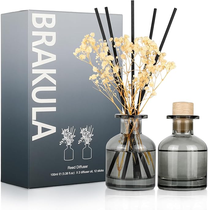 Brakula 2 Pack Reed Diffuser, Oil Diffuser Sticks, Lavender Eucalyptus + Lavender Vanilla(3.38 fl oz Each Pack), Home Fragrance with 12 Sticks, Shelf Decor, Reed diffusers for Home