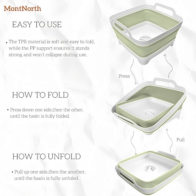 Collapsible Wash Basin 9L, Foldable Dish Tub with Drain Plug, Portable Collapsible Dish Basin, Camping Sink for Washing Dishes, Laundry & Kitchen Use (Green)