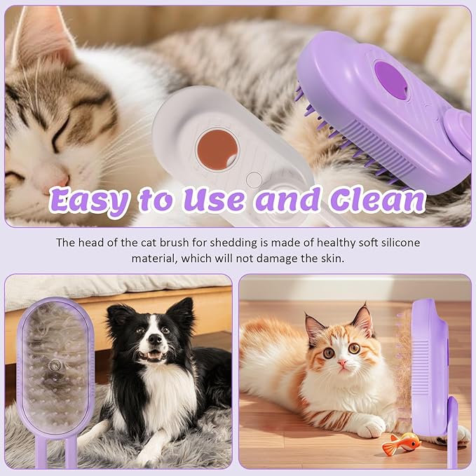 Secrtji 4 in 1 Cat & Dog Steam Brush for Long/Short Hair Shedding - Rechargeable Pet Grooming Brush with Anti-Static Steam Spray, Foldable Handle & Dual Massage Modes for Home Pet Spa Cleaning