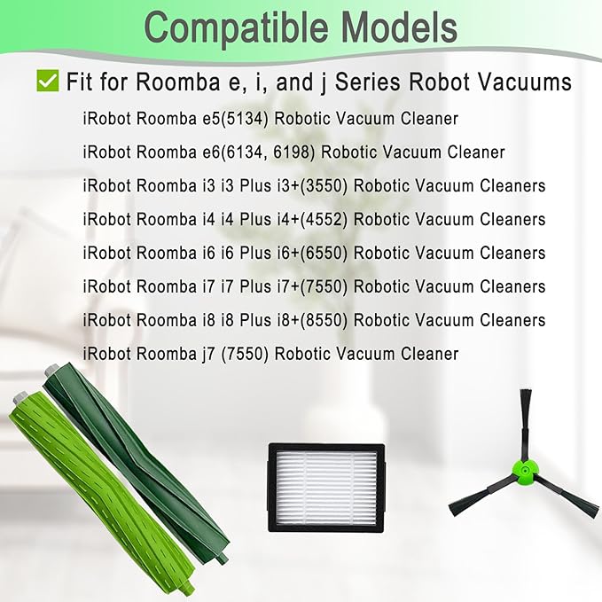 Replacement Parts for iRobot Roomba i3 i3+ i4 i4+ i5 i5+ i7 i7+ i8 i8+ j5 j5+ j7 E5 E6 E7 e, i, and j Series Robot Vacuums Replenishment Kit 2 Set Rubber Brushes,10 Vacuum Filters,10 Side Brushes