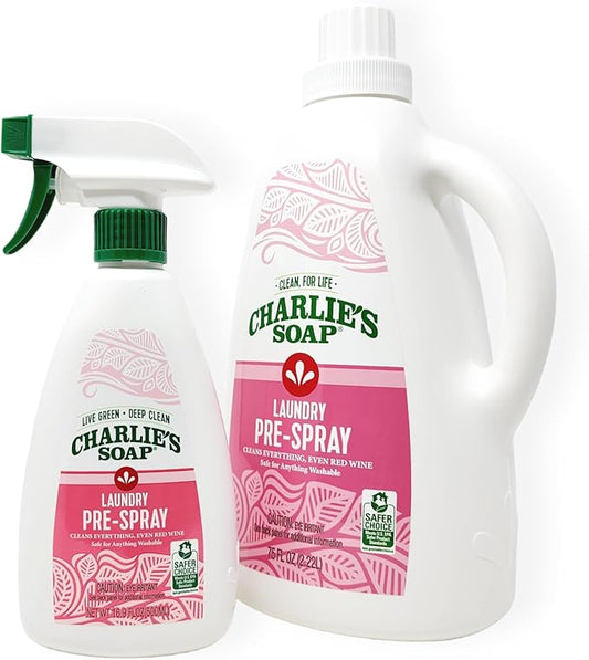 Charlie’s Soap Laundry Pre-Spray Stain Remover Refill Kit (91.9 fl oz), Natural Laundry Pretreat and Stain Remover (2 Pack - One 16.9oz Sprayer and One 75oz Refill)