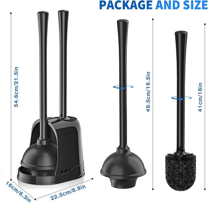 Toilet Plunger and Brush, Silicone Bowl Brush and Heavy Duty Toilet Plunger Set with Ventilated Holder, 2-in-1 Toilet Brush and Plunger Combo for 5.3-inch Toilet Drain Bathroom Cleaning