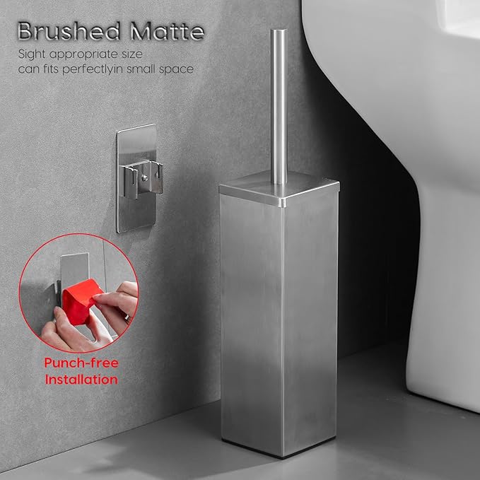 Brushed Gold Stainless Steel Toilet Brush, Square No-Punch Hook Base Toilet Brush Holder Removable Inner Bucket and Splash Proof Cover - Soft Bristles (No Drill Square Metal Cap Brushed)