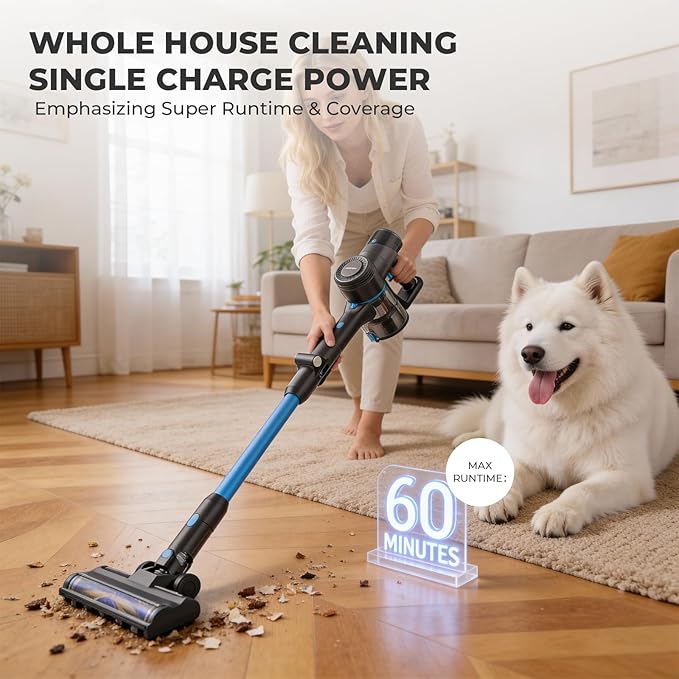 EPROEON Cordless Vacuum Cleaner, 23Kpa 300W Stick Vacuum with Foldable Tube, 45 Mins Runtime, LED Headlight, HEPA Filter, Wall-Mounted Storage, 3-in-1 for Carpet and Hard Floor