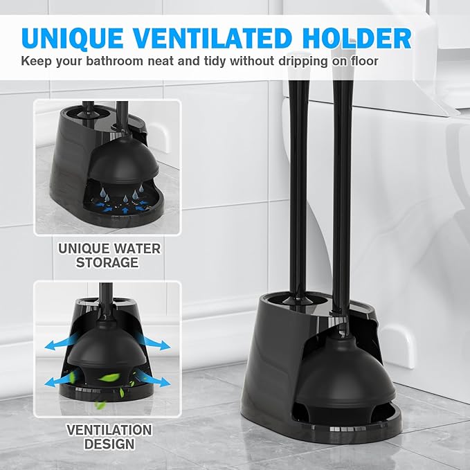 Toilet Plunger and Brush Set, Bowl Brush and Heavy Duty Toilet Plunger with Ventilated Holder, 2-in-1 Toilet Brush and Plunger Combo for 5.3-inch Toilet Drain Bathroom Deeply Cleaning