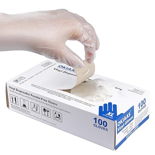 OKIAAS Disposable Gloves XL, Food Safe| Latex-Free and Powder-Free Clear Vinyl Gloves for Cooking, Food Prep, Household Cleaning | Medium,100 Counts/Box