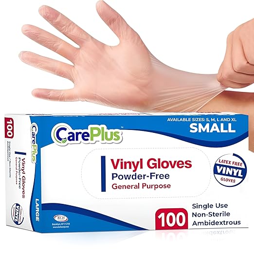 CARE PLUS Vinyl Gloves Clear Small Size 100 Count | Heavy Duty, Non-Sterile, Powder-Free, Latex-Free Rubber | Food Prep, Kitchen & Cleaning Gloves, Ideal for Professional Use