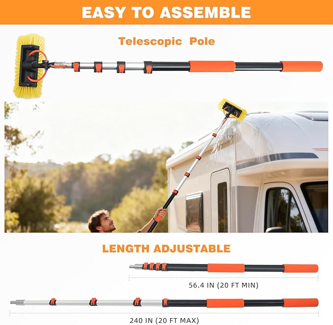 TOWBRUS 20FT/240inch Car Wash Brush with Long Handle Water Fed Telescopic Pole with Angle Adapter 12" Soft and Hard Bristle Cleaning Tool for Car Truck RV House Floor Window Glass Roof Pool