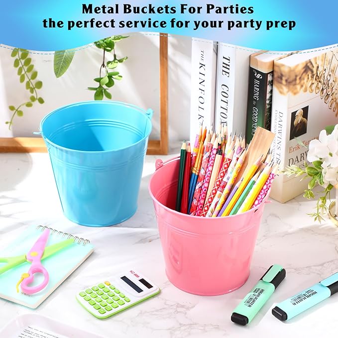 Bokon 24 Pack Colored Metal Small Bucket with Handle 6 x 4.3 x 5 Inch Galvanized Bucket Pail Bulk for Ice Tin Can Classroom Crafts Party Favor Decoration Table Centerpieces Christmas Wedding Birthday