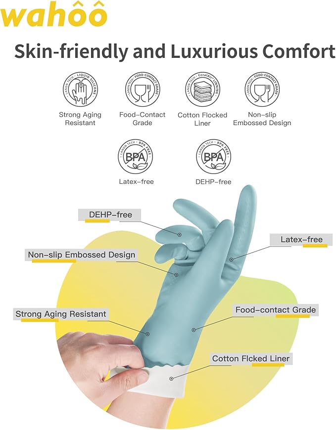 LANON wahoo Skin-Friendly Cleaning Gloves, Dishwashing Kitchen Gloves with Cotton Flocked Liner, Reusable, Non-Slip, Surf Spray, Medium