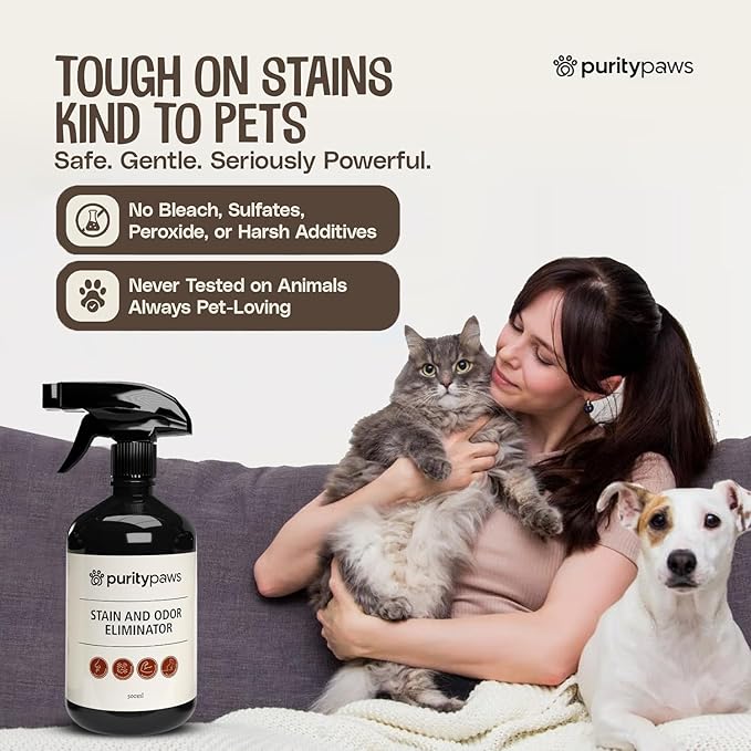 Purity Paws Pet Stain & Odour Remover – Fast-Acting Enzyme Cleaner for Dog & Cat Urine, Feces & Vomit – Pet Safe Odor Eliminator for Carpet, Upholstery, Car, Bedding, Tiles – Puppy Essentials – 500ml