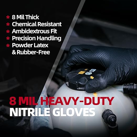 Jointown Basic Heavy Duty Nitrile Gloves, Mechanic Gloves 8 Mil Nitrile Disposable, with Raised Diamond Texture, Case of 1000, Black, Medium