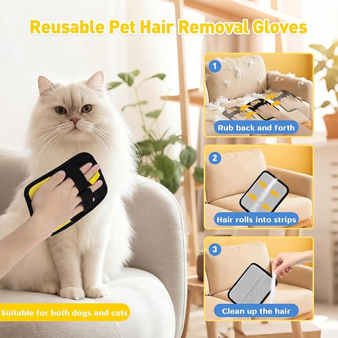 Udihch Electrostatic Pet Hair Removal Glove - Reusable Pet Hair Removal Glove with Cleaning Brush & Flea Comb for Cats & Dogs, Washable for Clothing, Couch, Carpet, Car Seat (Black/Yellow)