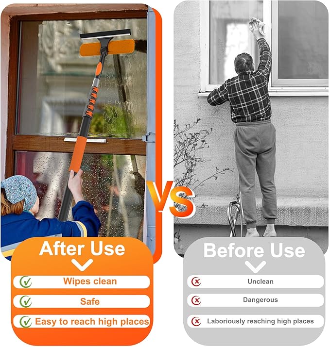LAANPOLE 30FT Window Squeegee with Extension Pole, 2-in-1 Squeegee for Window Cleaning, Professional Cleaning Kit for Home with 24FT Telescoping Pole for Outdoor Indoor Use