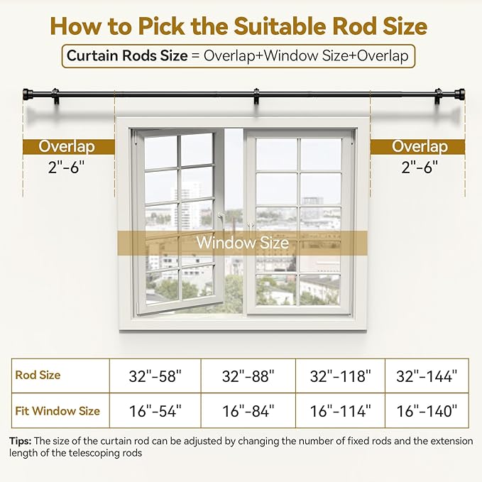 Curtain Rod 32-88 Inch, Heavy Duty 1 Inch Adjustable Curtain Rods for Windows, Black Long Window Treatment Rods, Modern Design, Easy Installation